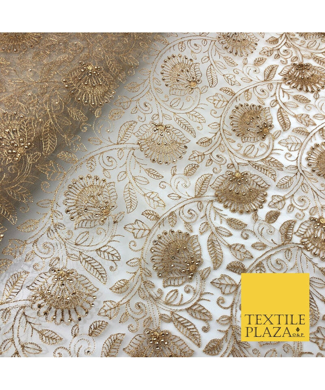 Gold Lotus Leaf Flower Intricate Threadwork Stone Fancy Fine Net Fabric JB297