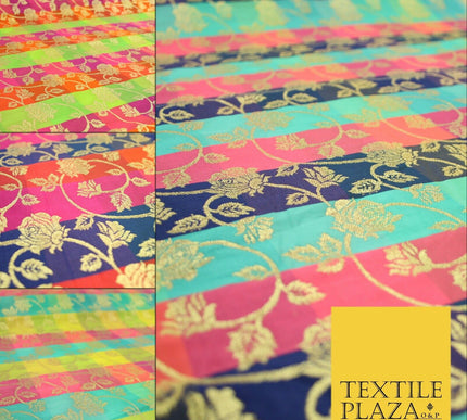 Multicolour Check Floral Banarsi Brocade Dress Indian Faux Raw Silk Fancy Fabric
