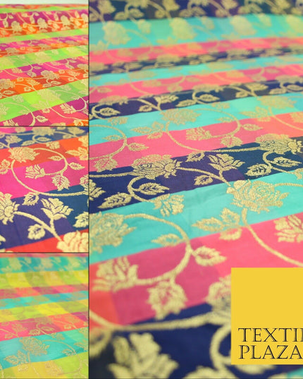 Multicolour Check Floral Banarsi Brocade Dress Indian Faux Raw Silk Fancy Fabric