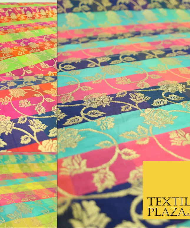 Multicolour Check Floral Banarsi Brocade Dress Indian Faux Raw Silk Fancy Fabric