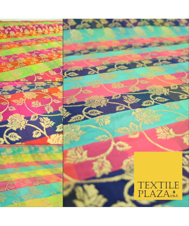 Multicolour Check Floral Banarsi Brocade Dress Indian Faux Raw Silk Fancy Fabric