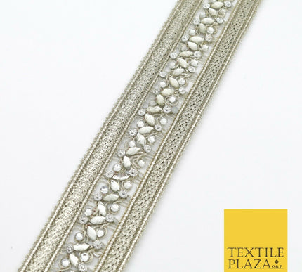 NICKEL Double Ribbon Trimming with Silver Stones Border Indian Ethnic X208