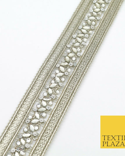 NICKEL Double Ribbon Trimming with Silver Stones Border Indian Ethnic X208