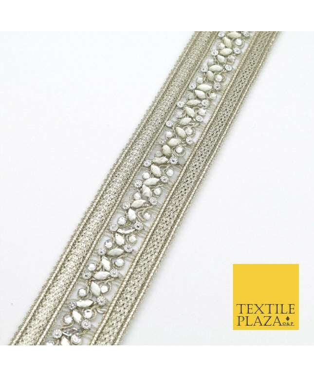 NICKEL Double Ribbon Trimming with Silver Stones Border Indian Ethnic X208