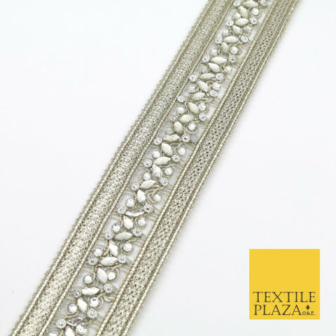NICKEL Double Ribbon Trimming with Silver Stones Border Indian Ethnic X208