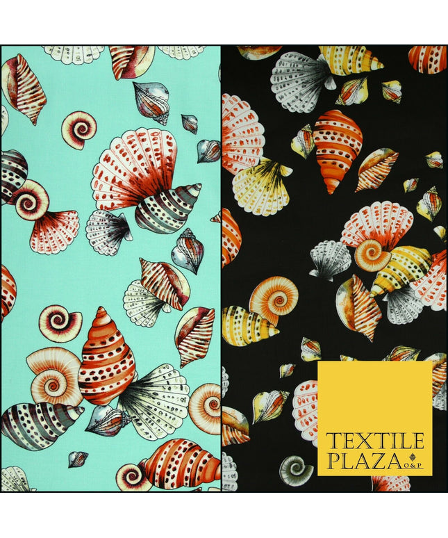 Sea Shells Oyster Clams Beach Printed Premium COTTON Sateen Fabric 58" Wide