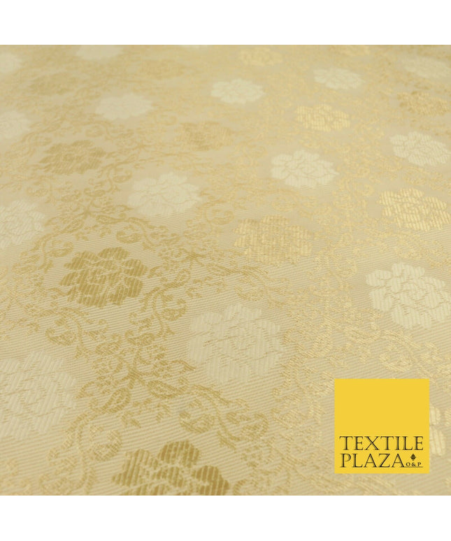 CREAM GOLD Floral Ornate Lattice Banarsi Brocade Fabric Dress Fancy Craft 1570