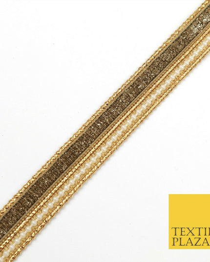Brown Glimmer and White Pearl Beaded Trim Ribbon Border Lace Ethnic Gota (X196)