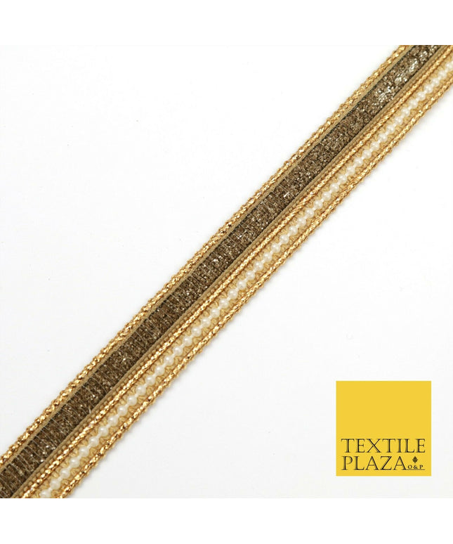Brown Glimmer and White Pearl Beaded Trim Ribbon Border Lace Ethnic Gota (X196)