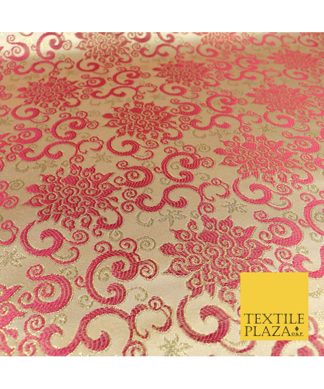CHERRY PINK Ornamental Swirls Brocade Dress Fabric Metallic Woven Fancy 1557