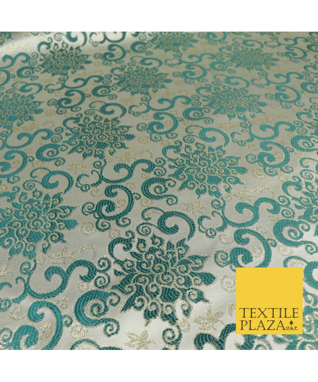 EMERALD GREEN Ornamental Swirls Brocade Dress Fabric Metallic Woven Fancy 1556