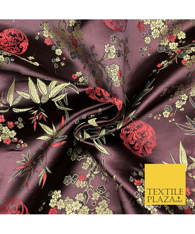 BROWN Floral Blossom Chinese Brocade Satin Embroidered Dress Fabric A1122
