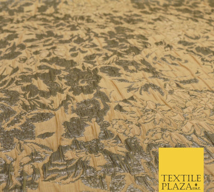 LIGHT TAN Floral Bloom Metallic Creased Brocade Jacquard Dress Fabric Craft 1552