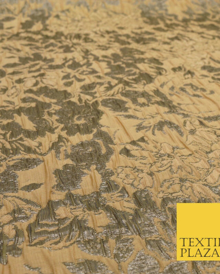 LIGHT TAN Floral Bloom Metallic Creased Brocade Jacquard Dress Fabric Craft 1552