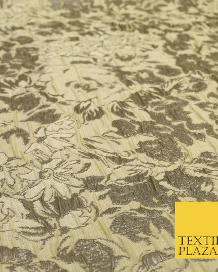 LEMON Floral Bloom Metallic Creased Brocade Jacquard Dress Fabric Craft 1551