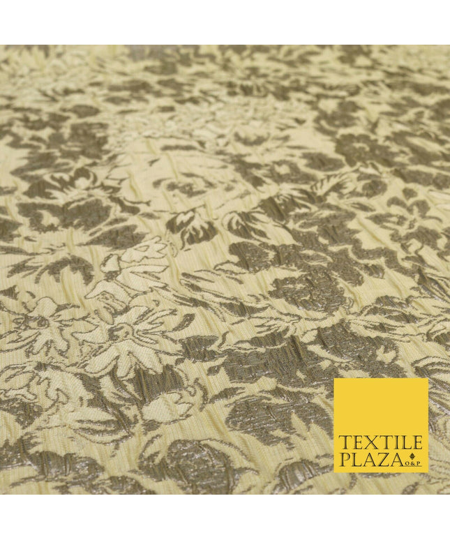 LEMON Floral Bloom Metallic Creased Brocade Jacquard Dress Fabric Craft 1551