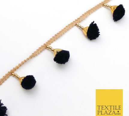 NAVY BLUE Pom Pom Tassels Indian Woven Gold Trim Ribbon Border Lace Ethnic X254