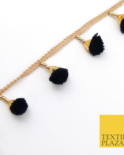 NAVY BLUE Pom Pom Tassels Indian Woven Gold Trim Ribbon Border Lace Ethnic X254