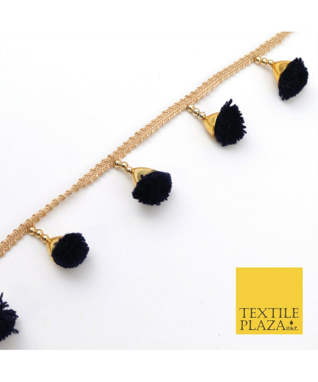 NAVY BLUE Pom Pom Tassels Indian Woven Gold Trim Ribbon Border Lace Ethnic X254