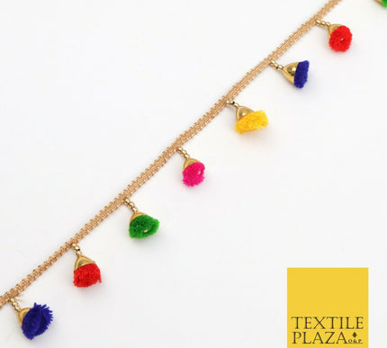 MULTICOLOUR Pom Pom Tassels Indian Woven Gold Trim Ribbon Border Lace EthnicX252