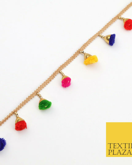 MULTICOLOUR Pom Pom Tassels Indian Woven Gold Trim Ribbon Border Lace EthnicX252