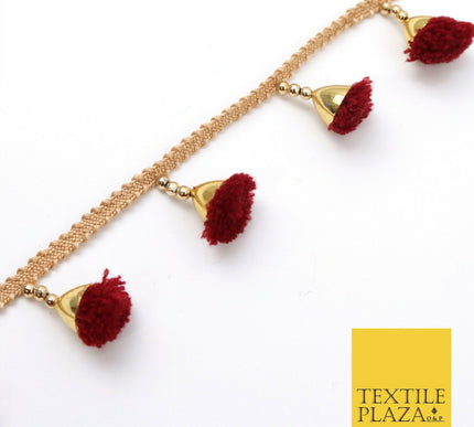 MAROON Pom Pom Tassels Indian Woven Gold Trim Ribbon Border Lace Ethnic X256