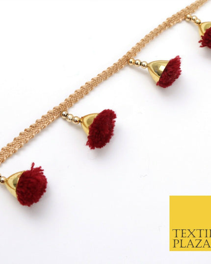 MAROON Pom Pom Tassels Indian Woven Gold Trim Ribbon Border Lace Ethnic X256