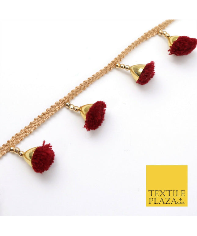 MAROON Pom Pom Tassels Indian Woven Gold Trim Ribbon Border Lace Ethnic X256
