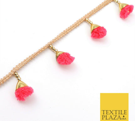 SALMON PINK Pom Pom Tassels Indian Woven Gold Trim Ribbon Border LaceEthnic X257