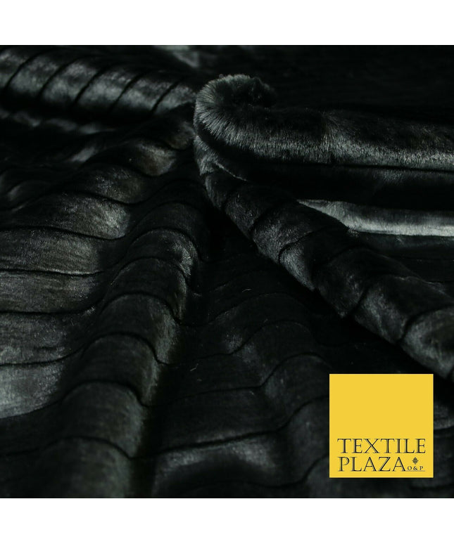 High Quality Luxury BLACK Striped Lines Silky Short Pile Faux Fur Fabric 2304