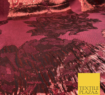 RED WINE Luxury Flower Textured Brocade Jacquard Dress Fabric Metallic Fancy1445