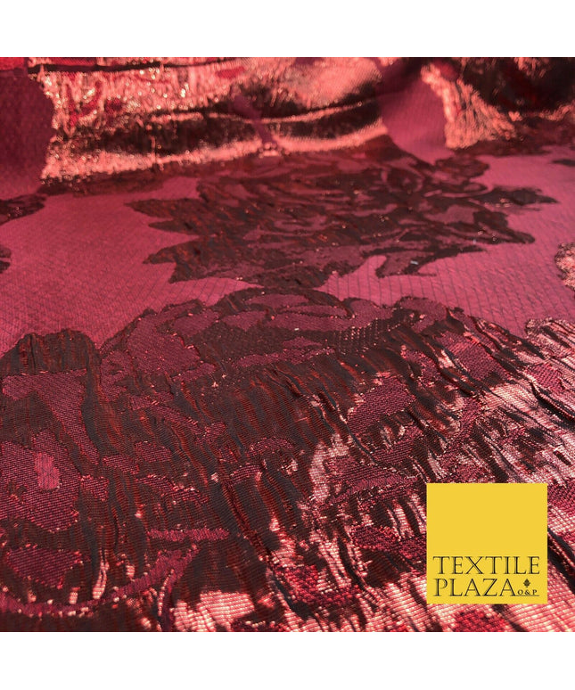 RED WINE Luxury Flower Textured Brocade Jacquard Dress Fabric Metallic Fancy1445