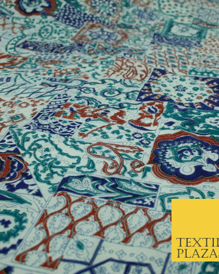 Green Mix Patchwork Style Printed 100% PURE Dupion Silk Fabric Slub Handloom1812