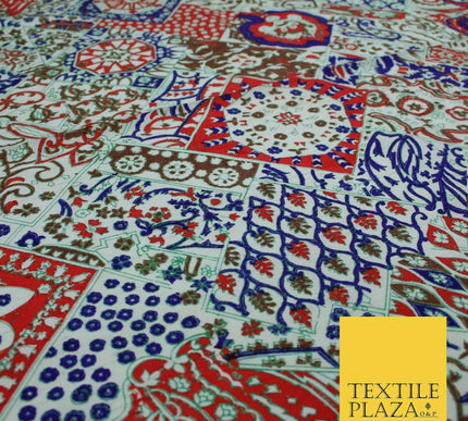 Red Mix Patchwork Style Printed 100% PURE Dupion Silk Fabric Slub Handloom 1811