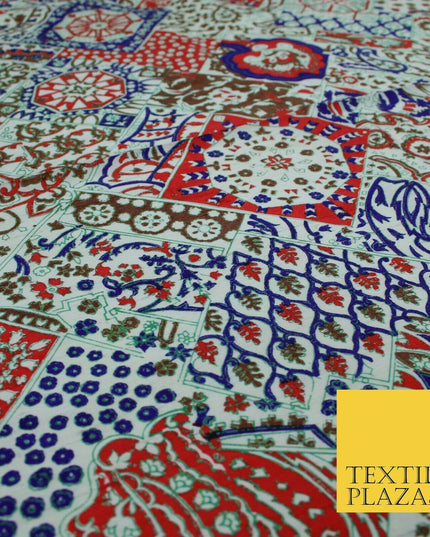 Red Mix Patchwork Style Printed 100% PURE Dupion Silk Fabric Slub Handloom 1811