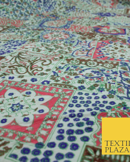 Purple Patchwork Style Printed 100% PURE Dupion Silk Fabric Slub Handloom 1810