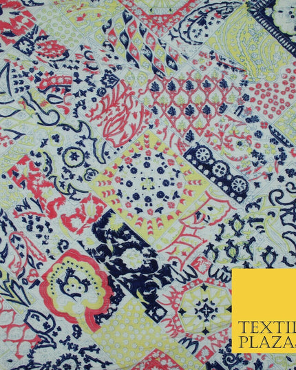 Yellow Patchwork Style Printed 100% PURE Dupion Silk Fabric Slub Handloom 1809