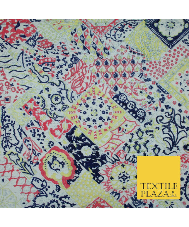 Yellow Patchwork Style Printed 100% PURE Dupion Silk Fabric Slub Handloom 1809
