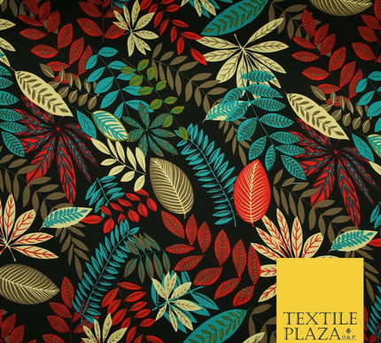 Black Multi Colourful Tropical Leaves 100% COTTON CANVAS Print Fabric Craft 2288
