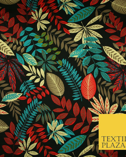 Black Multi Colourful Tropical Leaves 100% COTTON CANVAS Print Fabric Craft 2288