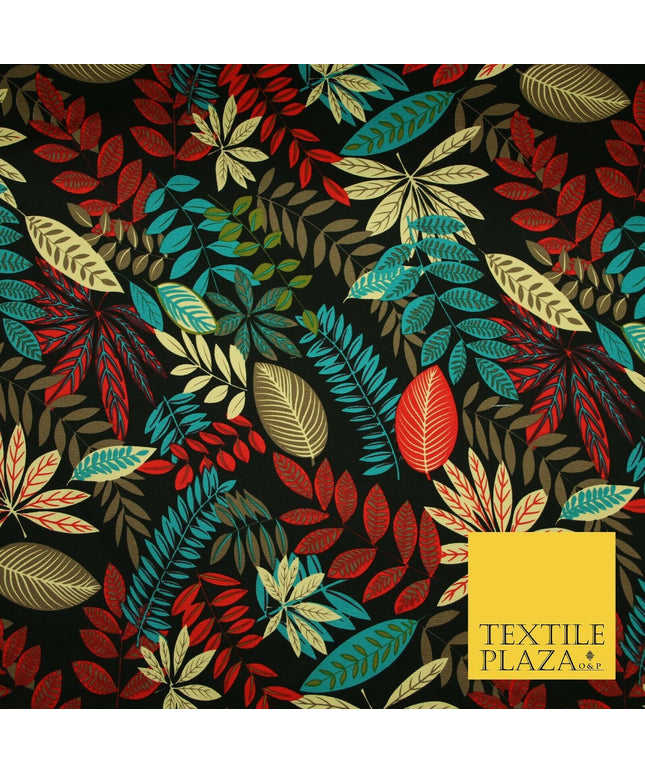Black Multi Colourful Tropical Leaves 100% COTTON CANVAS Print Fabric Craft 2288