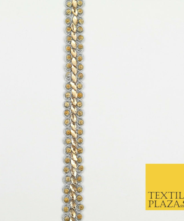 GREY 1.5cm Twin Beaded Gold Stone Trimming Gota Border Indian Ethnic X220