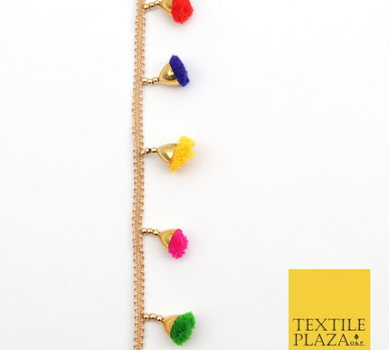 MULTICOLOUR Pom Pom Tassels Indian Woven Gold Trim Ribbon Border Lace EthnicX252