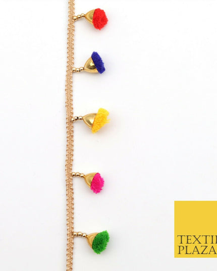 MULTICOLOUR Pom Pom Tassels Indian Woven Gold Trim Ribbon Border Lace EthnicX252