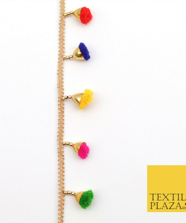 MULTICOLOUR Pom Pom Tassels Indian Woven Gold Trim Ribbon Border Lace EthnicX252