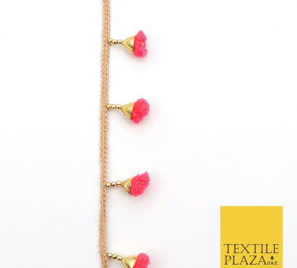 SALMON PINK Pom Pom Tassels Indian Woven Gold Trim Ribbon Border LaceEthnic X257