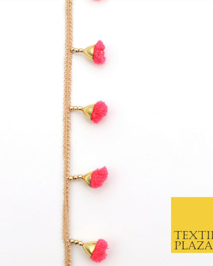 SALMON PINK Pom Pom Tassels Indian Woven Gold Trim Ribbon Border LaceEthnic X257