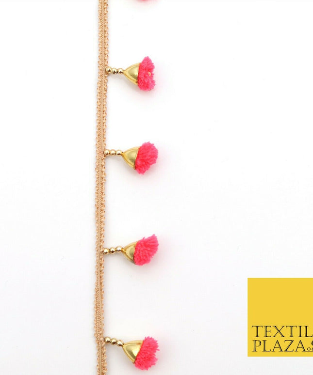 SALMON PINK Pom Pom Tassels Indian Woven Gold Trim Ribbon Border LaceEthnic X257