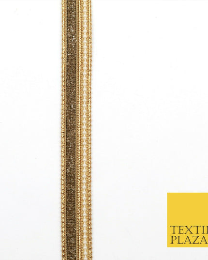 Brown Glimmer and White Pearl Beaded Trim Ribbon Border Lace Ethnic Gota (X196)