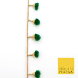 BOTTLE GREEN Pom Pom Tassels Indian Woven Gold Trim Ribbon Border Lace X258